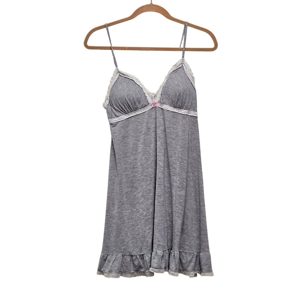 Victorias Secret Grey Babydoll Lace Trim Modal Nightgown M Coquette